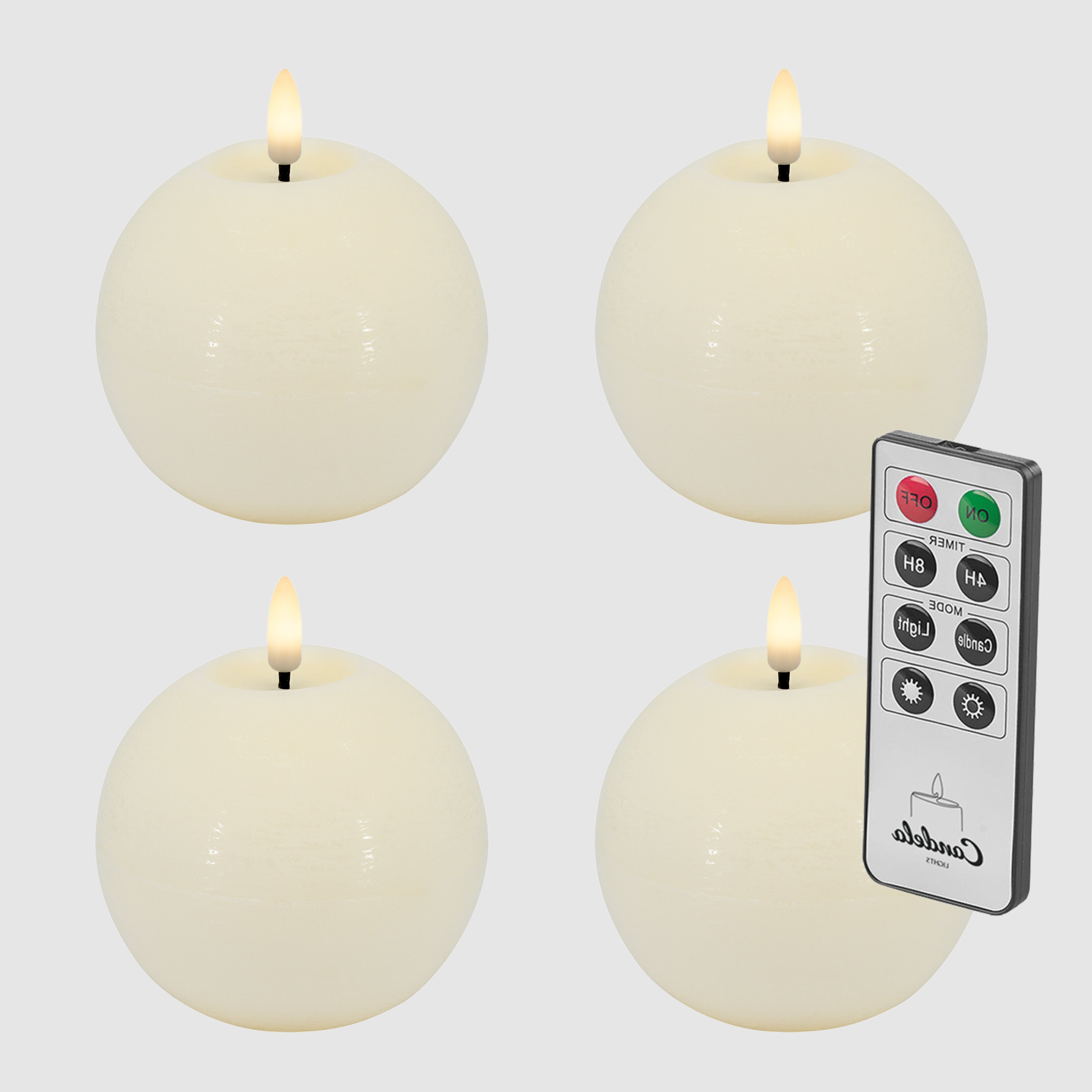 4er Bundle LED Kugelkerze aus Echtwachs mit 3D-Flamme in Creme Rustic - H 8,5cm