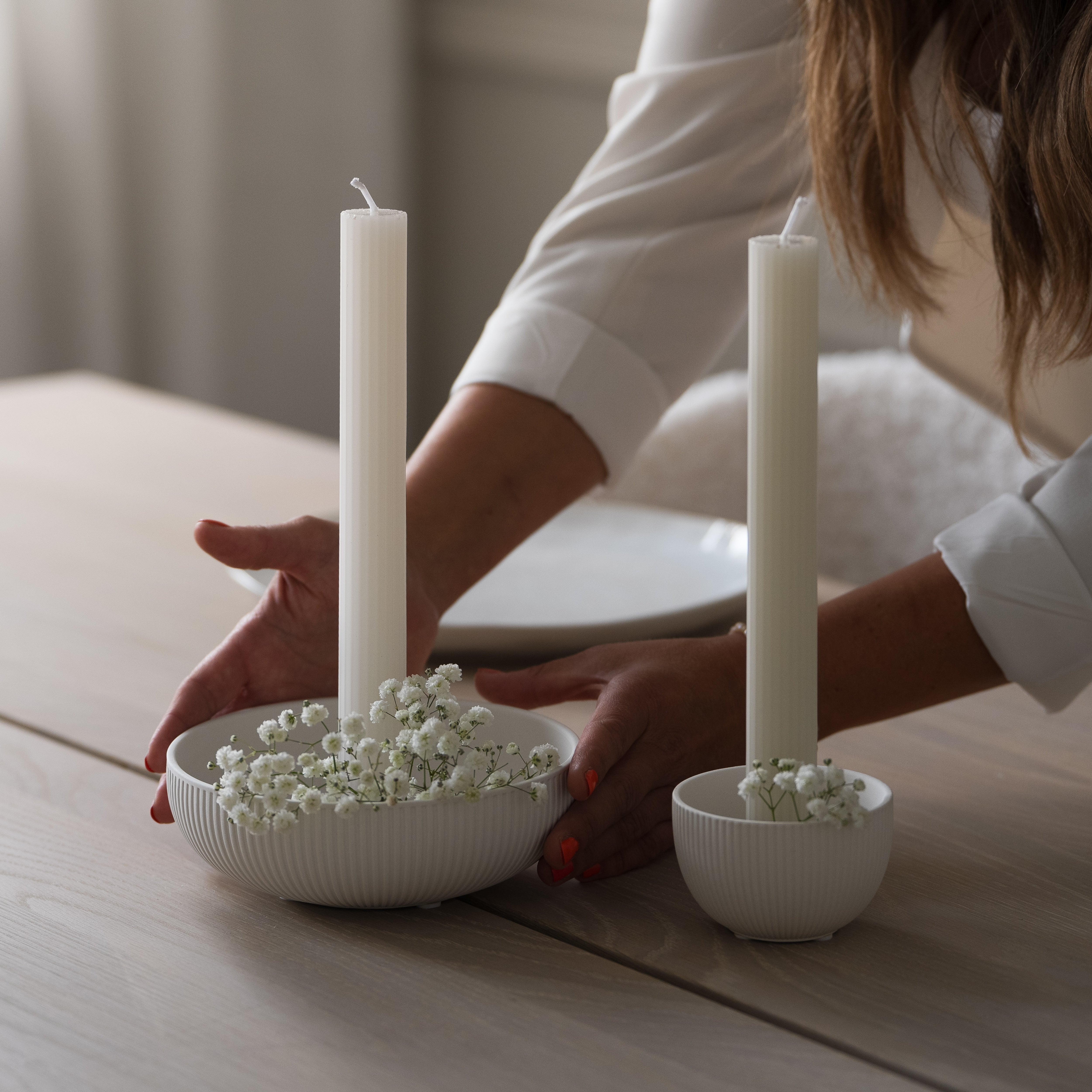 Keramik Kerzenhalter Bundle mit Stabkerzen in Weiß